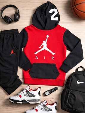 Nike Air Jordan Hoodie Youth M 10-12 Red Black Jumpman Pullover